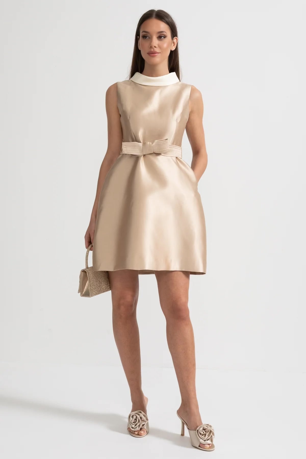 Satin Contrast Collar Sleeveless Bow Belt Pocket A-Line Mini Dress - View 2