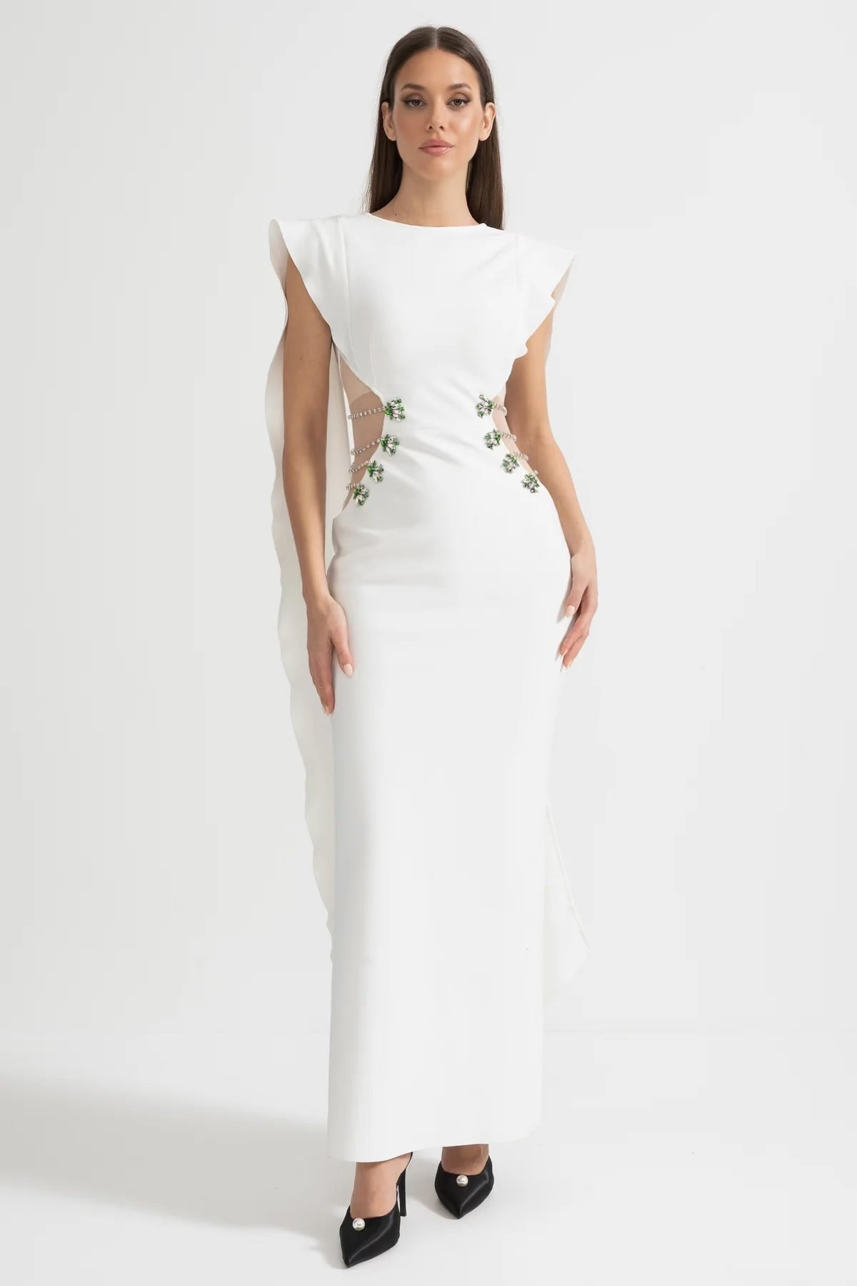 Cut Out Side Crystal Floral Ruffle Cape Back Sleeveless Maxi Gown