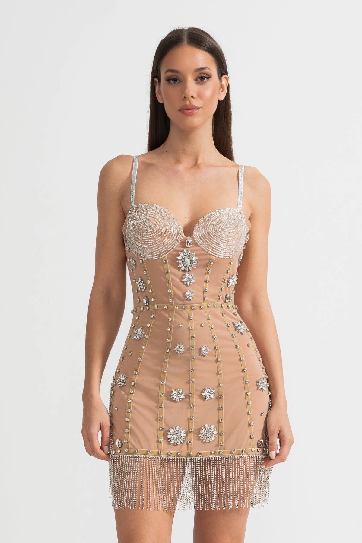 Mesh Corset Crystal Floral Beaded Fringe Strapless Mini Dress