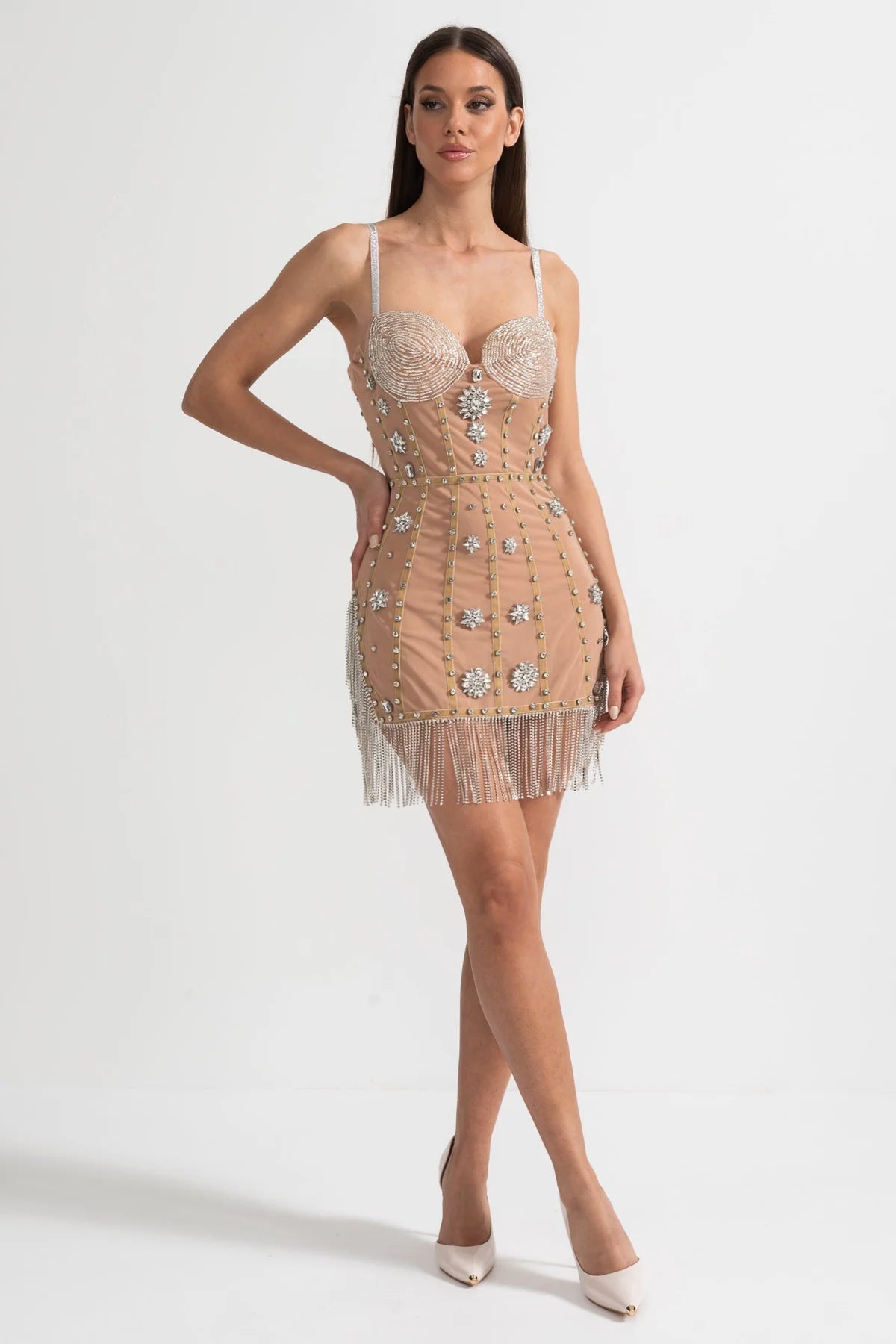 Mesh Corset Crystal Floral Beaded Fringe Strapless Mini Dress - View 2