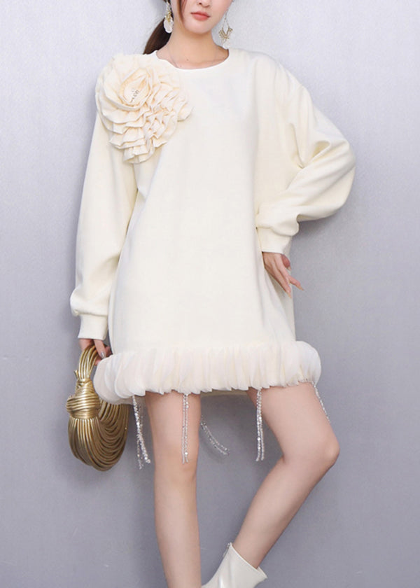 Rosette Crystal Beaded Fringe Ruffle Hem Sweatshirt Mini Dress
