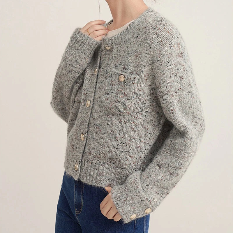 Gray Elegant O-neck Button Cardigan