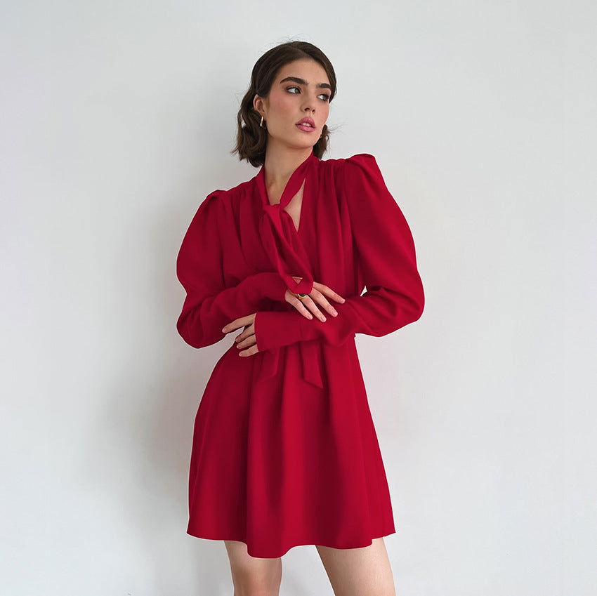 Fall V Neck Puff Sleeve Dress Black Long Sleeve Chiffon - View 5