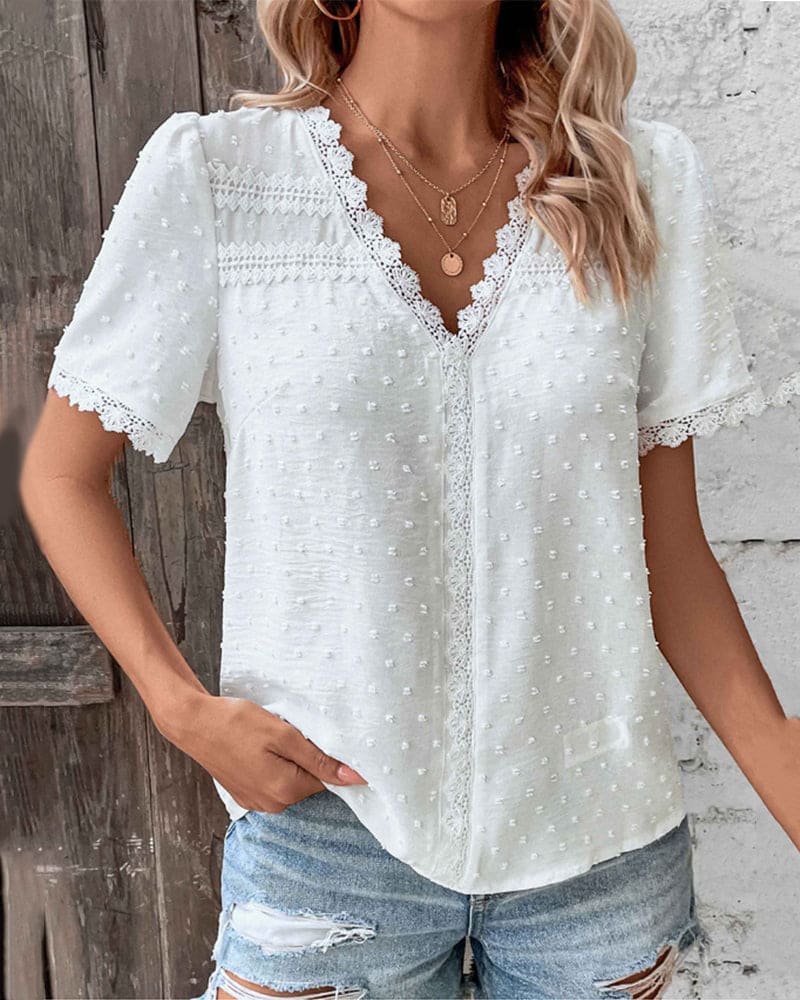 Swiss Dot Lace Trim V-Neck Short Sleeve Blouse 2