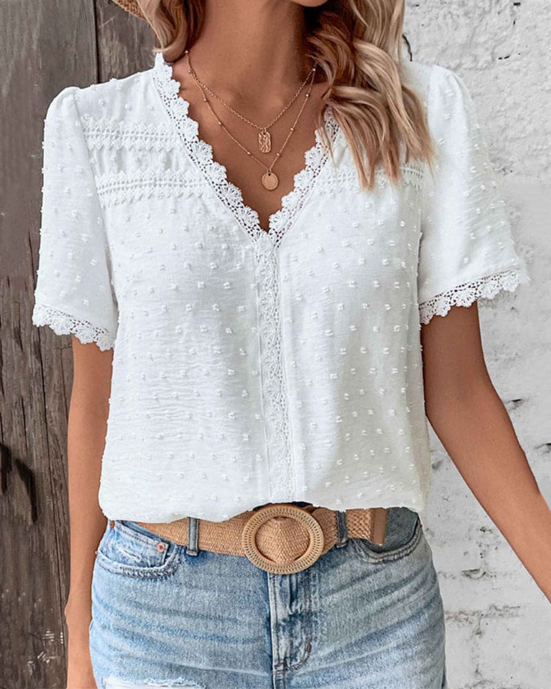 Swiss Dot Lace Trim V-Neck Short Sleeve Blouse 3
