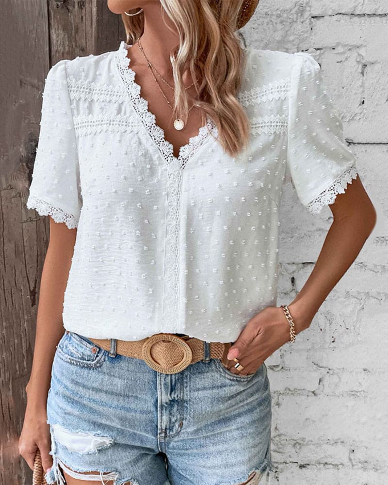Swiss Dot Lace Trim V-Neck Short Sleeve Blouse 4