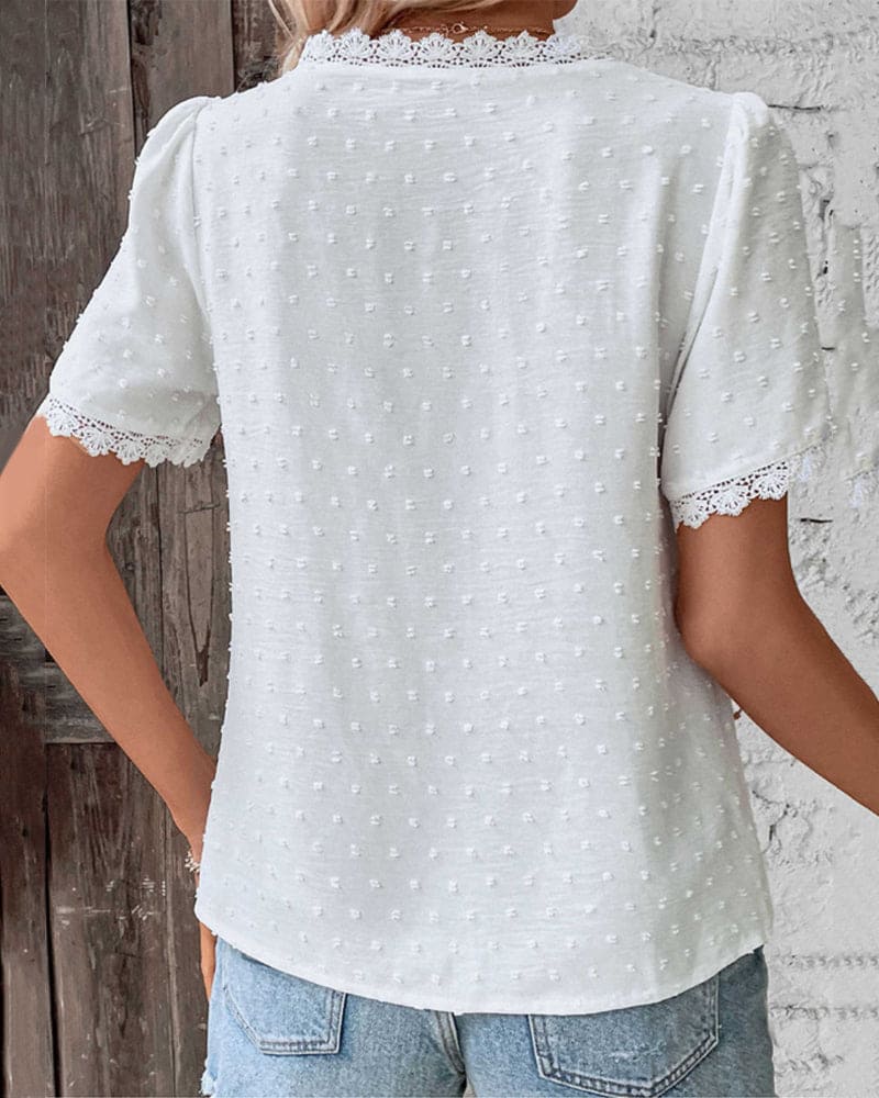 Swiss Dot Lace Trim V-Neck Short Sleeve Blouse 5