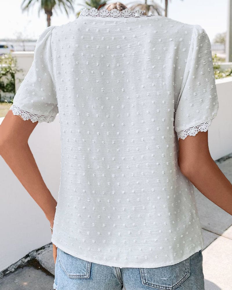 Swiss Dot Lace Trim V-Neck Short Sleeve Blouse 8
