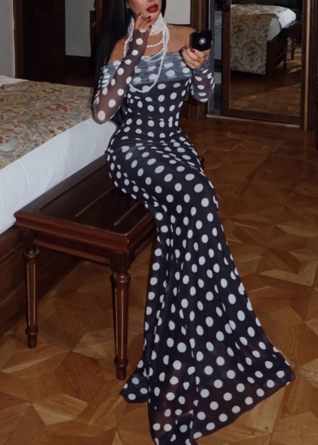 Tulle Off Shoulder Long Sleeve Ruched Bust Bodycon Maxi Dress - View 3