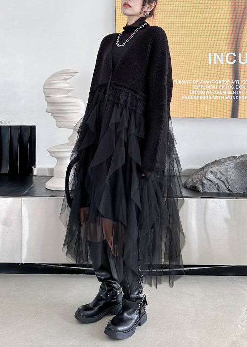 Knit Button Front Deep V-Neck Long Sleeve Tiered Tulle Midi Dress - View 4