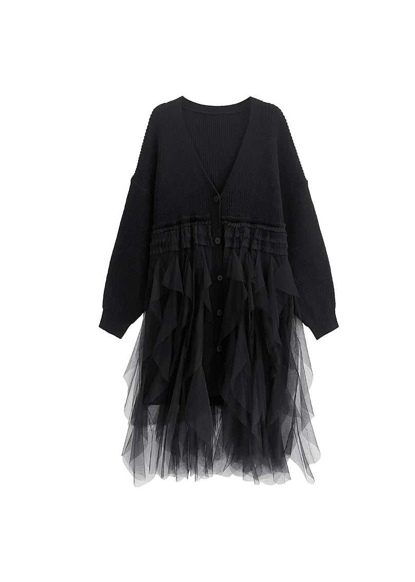 Knit Button Front Deep V-Neck Long Sleeve Tiered Tulle Midi Dress - View 5