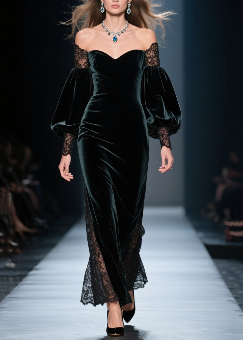 Velvet Off Shoulder Lace Inset Balloon Sleeve Maxi Gown - View 3