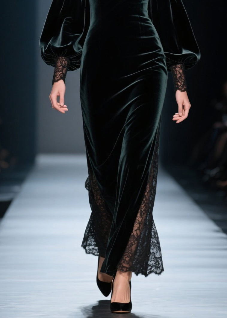 Velvet Off Shoulder Lace Inset Balloon Sleeve Maxi Gown - View 4