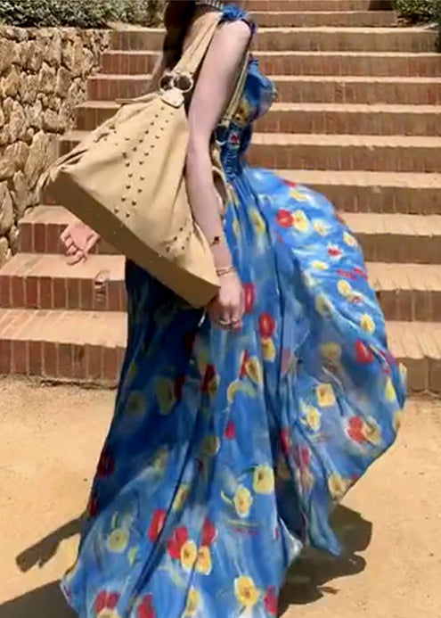 Fashion Blue Backless Print Chiffon Ankle Dress Summer - View 3