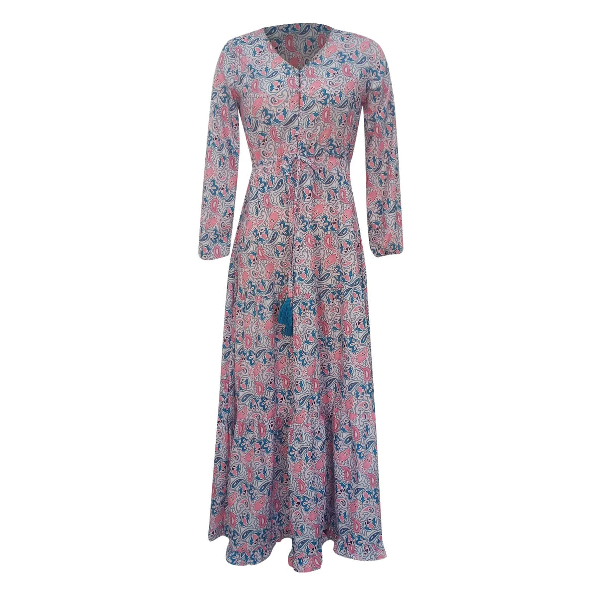 Paisley Print Deep V-Neck Long Sleeve Tiered Ruffle Maxi Dress - View 2