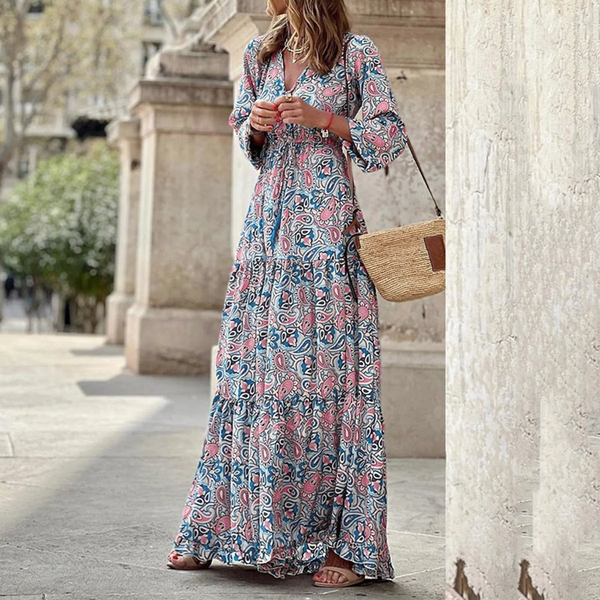 Paisley Print Deep V-Neck Long Sleeve Tiered Ruffle Maxi Dress