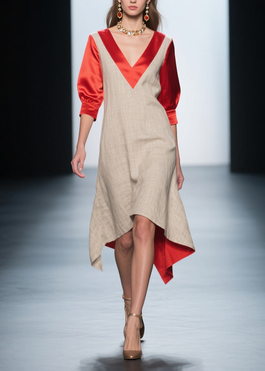 Deep V-Neck Puff Sleeve Woven Relaxed High Low Midi Dress - View 3