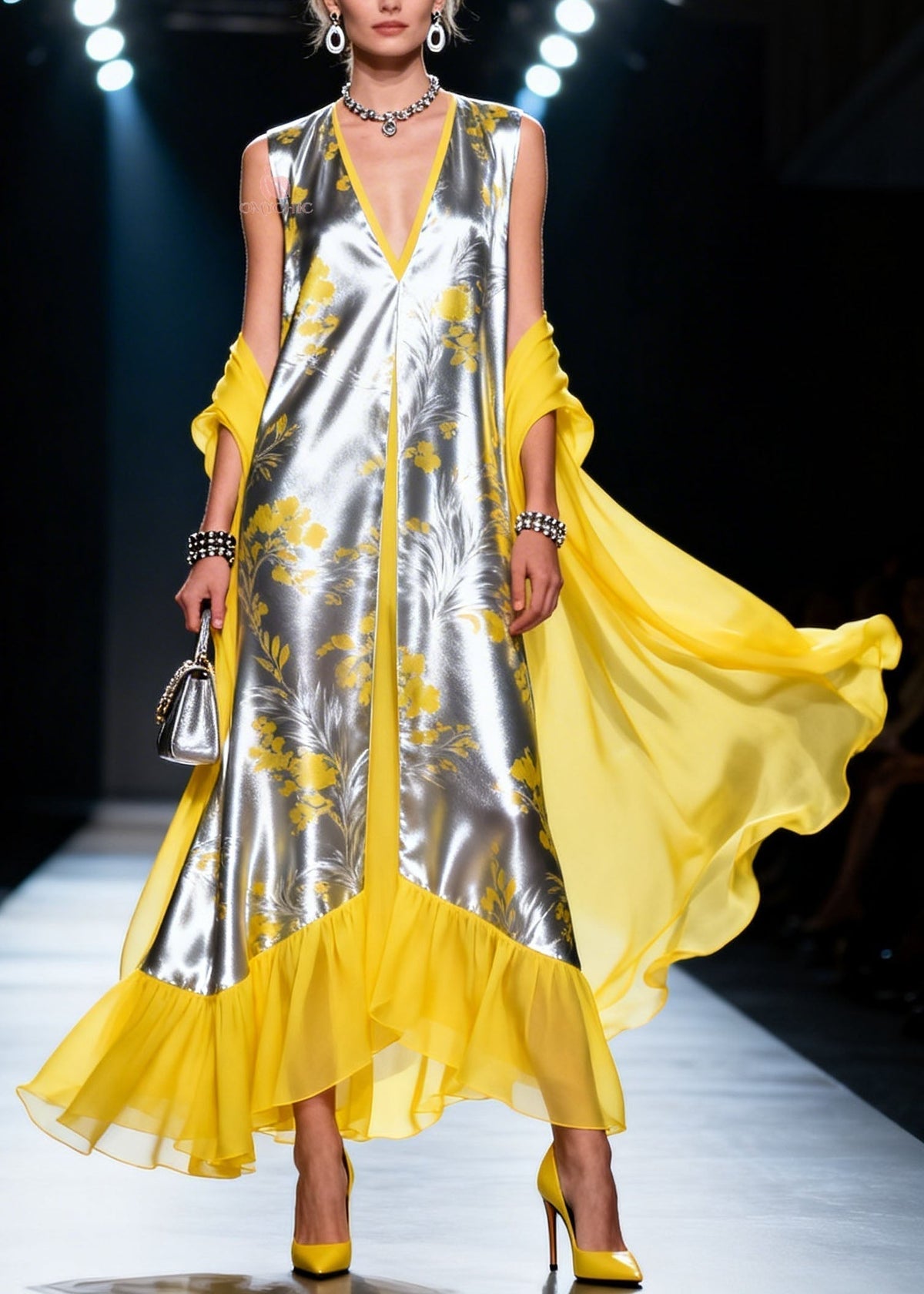 Metallic Floral Print Deep V-Neck Sleeveless Sheer Cape Maxi Gown - View 5