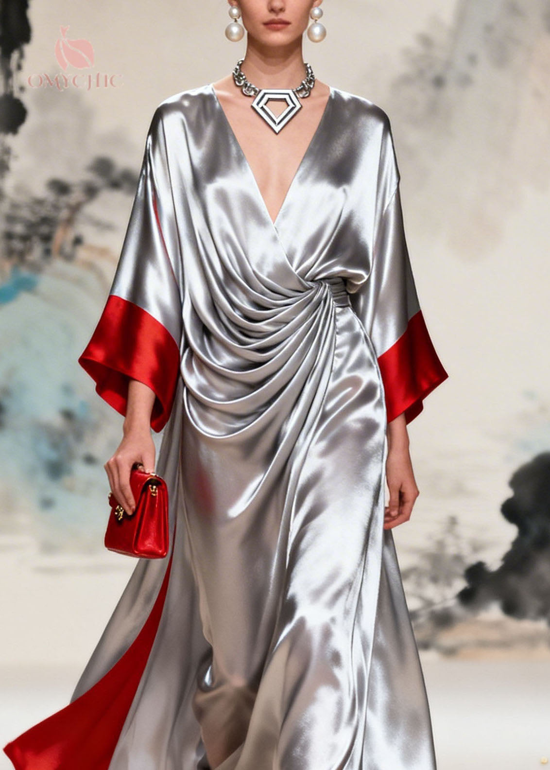 Satin Deep V-Neck Kimono Sleeve Twist Knot High Low Maxi Gown - View 2