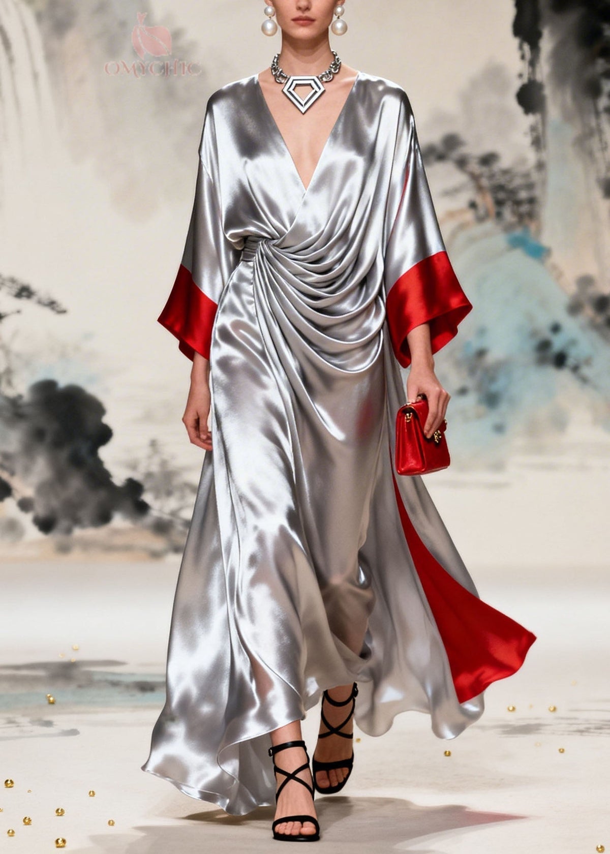 Satin Deep V-Neck Kimono Sleeve Twist Knot High Low Maxi Gown - View 3