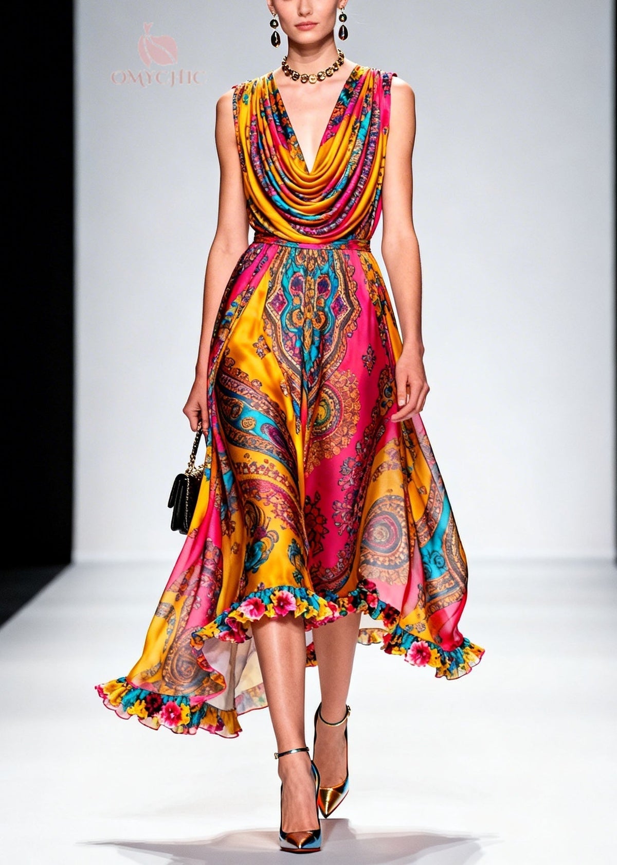 Fashion Draped Neckline Ruffled Print Chiffon Dresses Summer - View 5