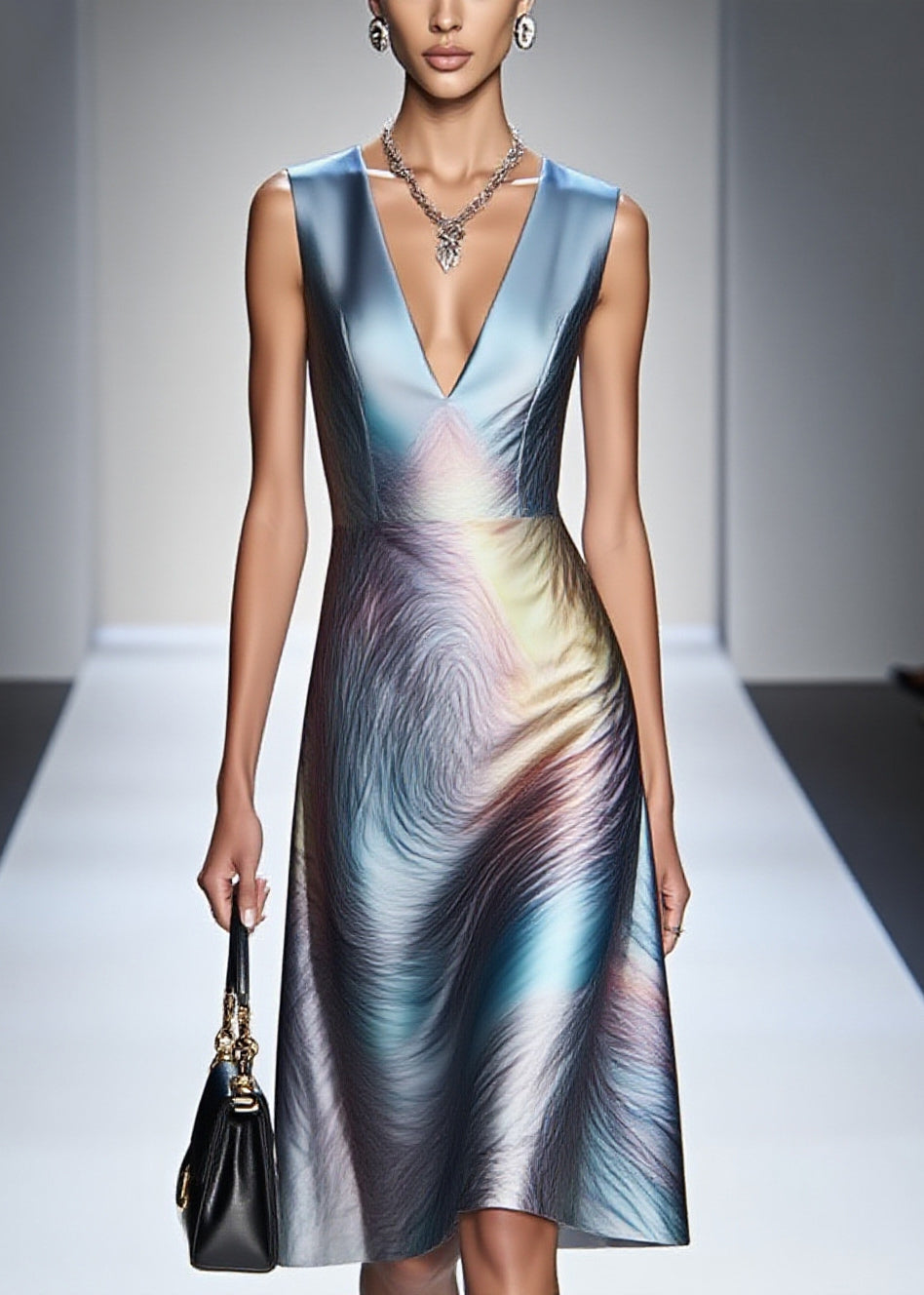 Satin Deep V-Neck Sleeveless Marble Print A-Line Midi Dress - View 5
