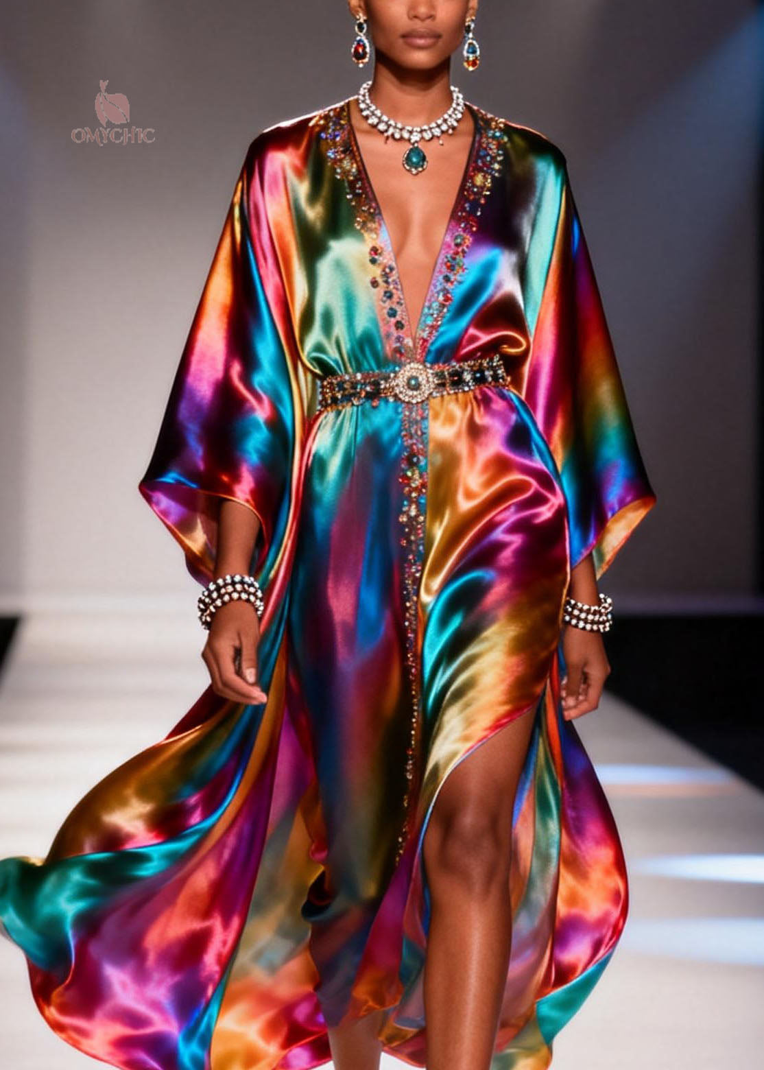 Chiffon Deep V-Neck Sleeve Beaded Belt High Split Maxi Party Gown - View 2
