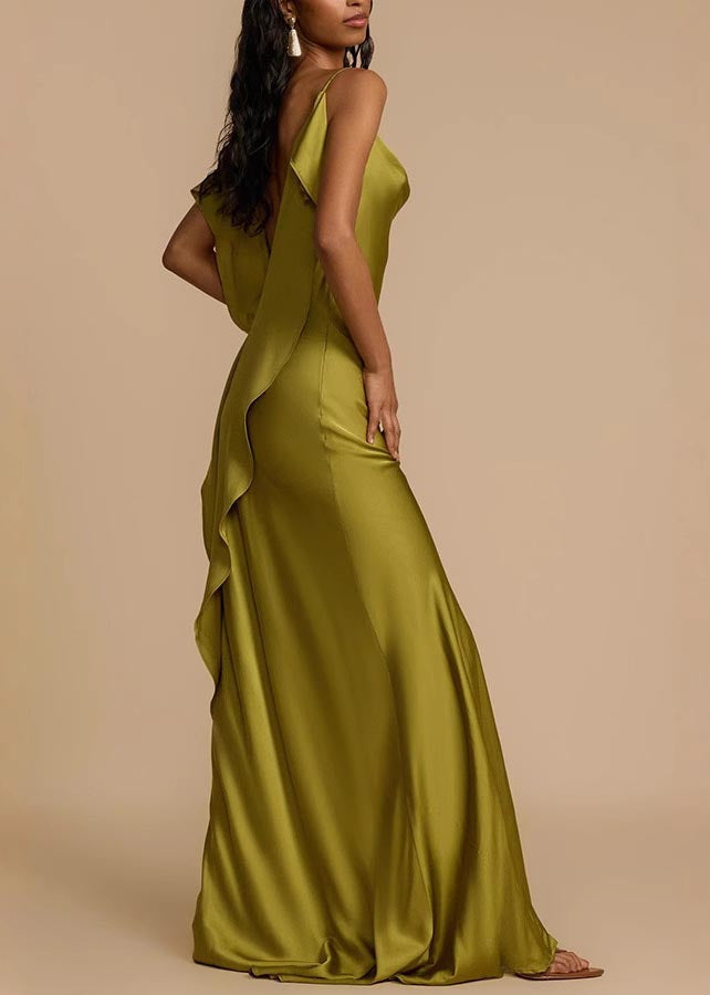 Satin Cowl Neck Spaghetti Strap High Split Bias Cut Maxi Gown - View 4