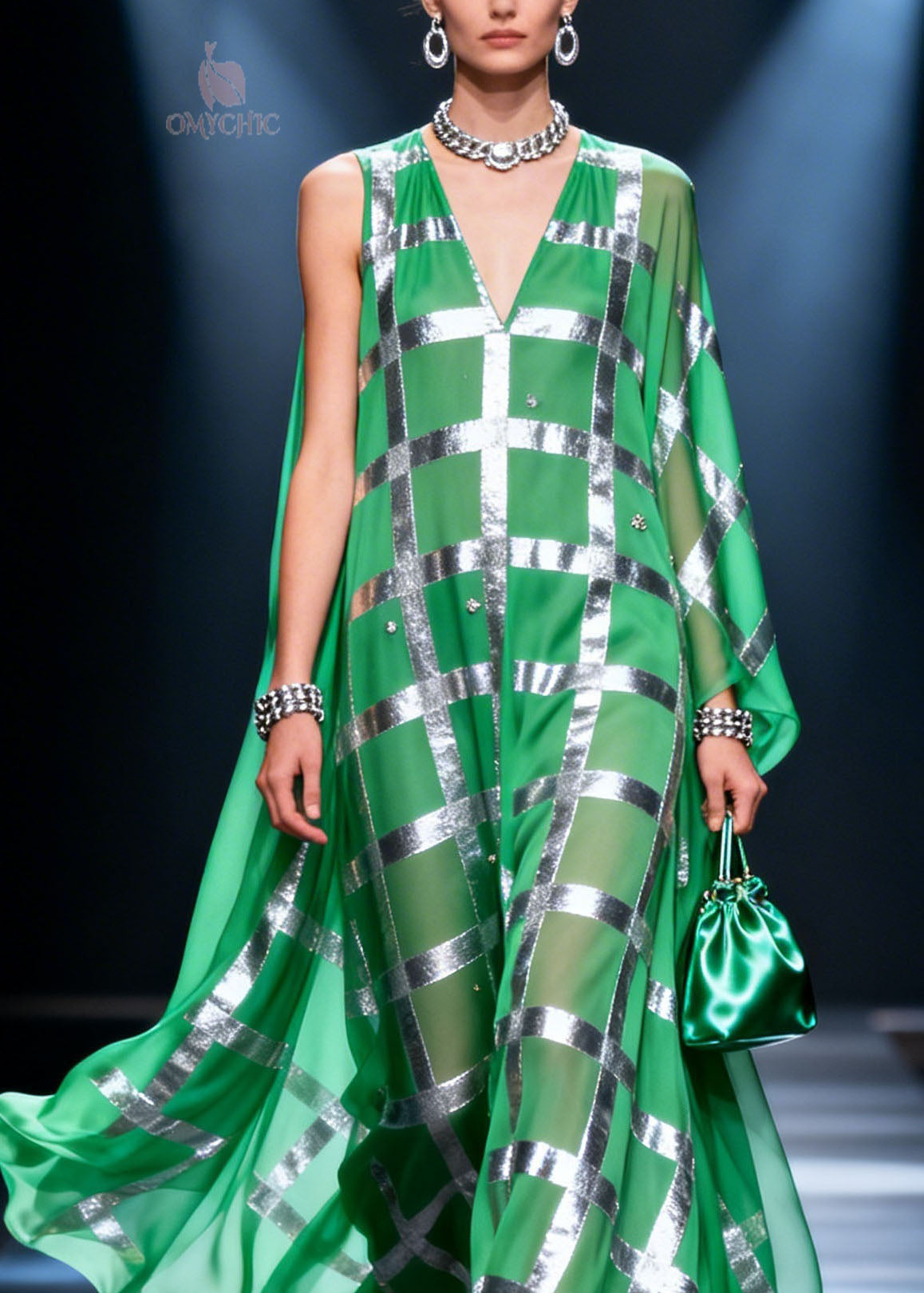 Metallic Grid Check Crystal Embellished V-Neck Maxi Gown - View 2