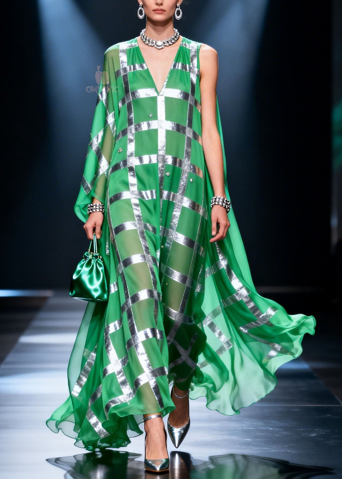 Metallic Grid Check Crystal Embellished V-Neck Maxi Gown - View 3