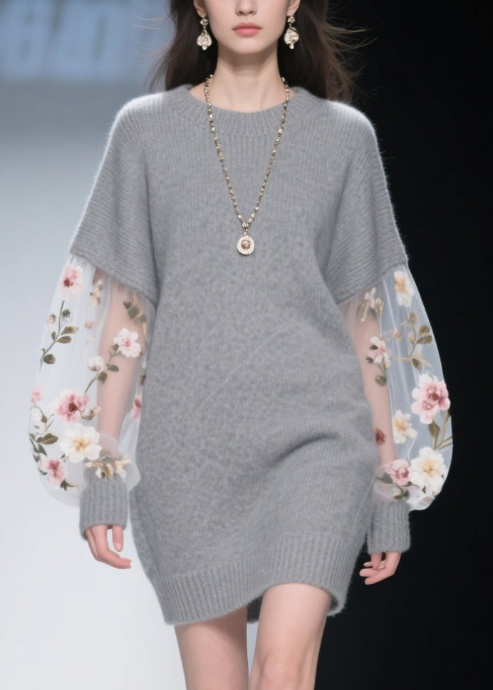 Crew Neck Floral Embroidered Mesh Sweater Mini Dress - View 2
