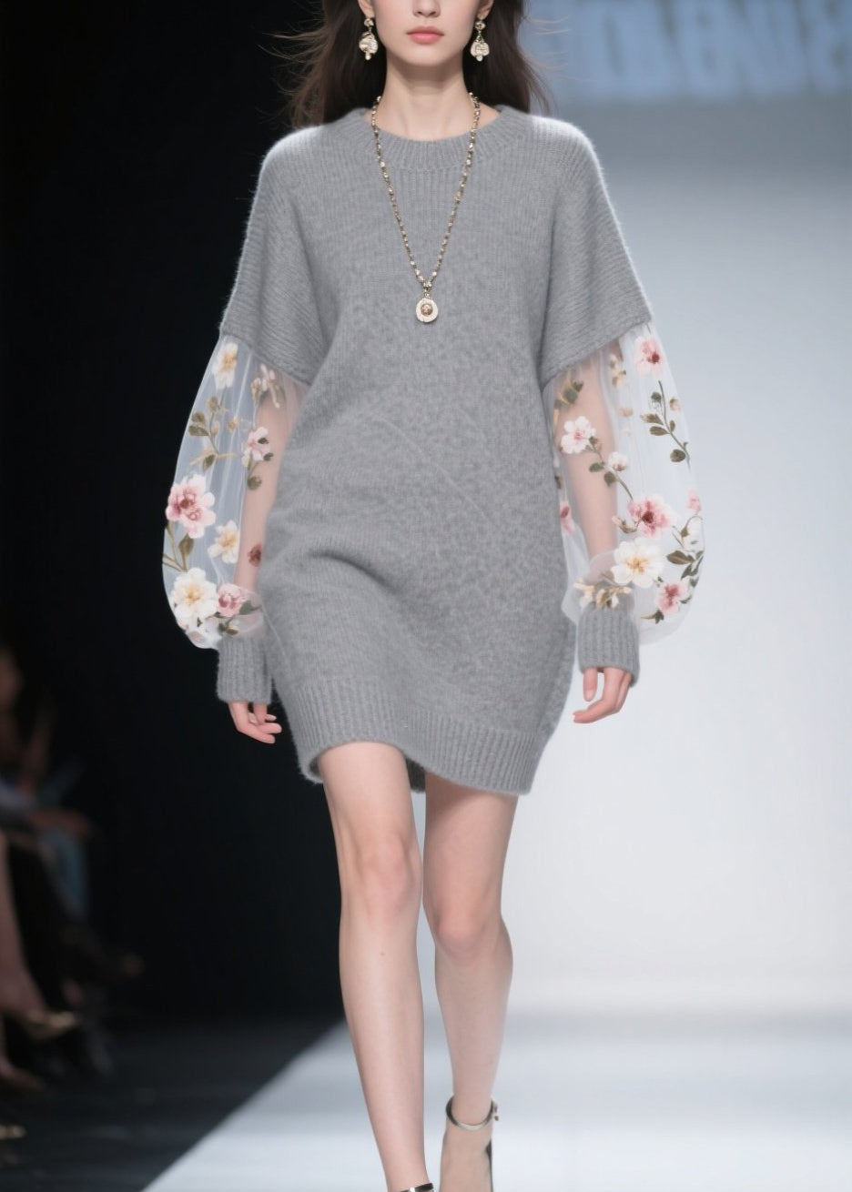 Crew Neck Floral Embroidered Mesh Sweater Mini Dress - View 3