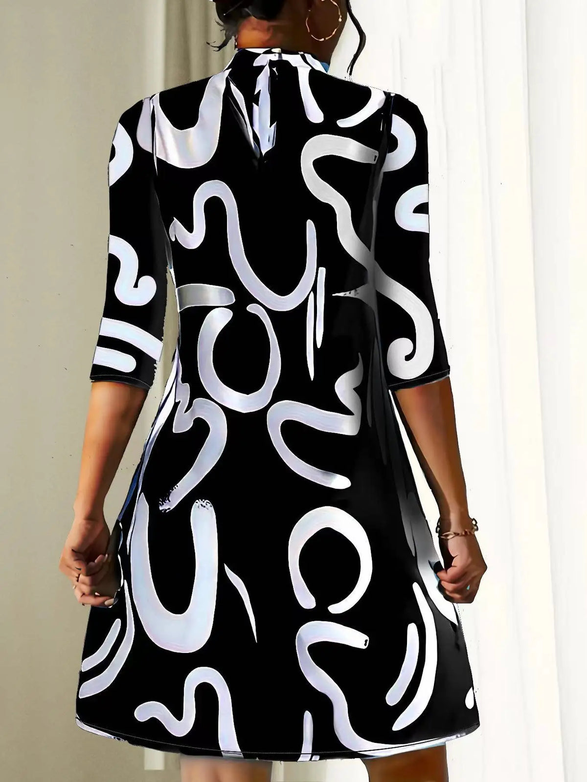 Abstract Graphic Print Mock Neck A-Line Shift Mini Dress - View 6