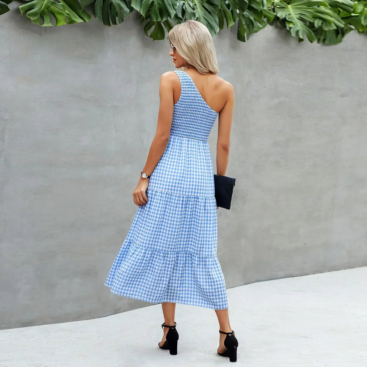 Gingham One Shoulder Sleeveless Tiered Maxi Dress - View 5