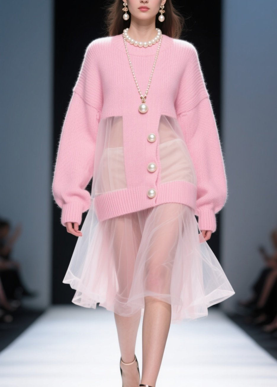 Tulle Patchwork Pearl Button Crew Neck Knit Midi Dress