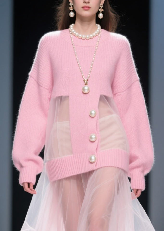 Tulle Patchwork Pearl Button Crew Neck Knit Midi Dress - View 2
