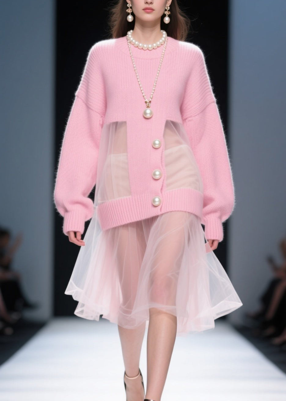 Tulle Patchwork Pearl Button Crew Neck Knit Midi Dress - View 5