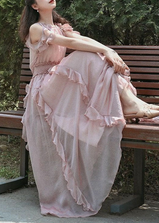Fashion Pink Ruffled Patchwork Cold Shoulder Chiffon Dress Summer - View 4