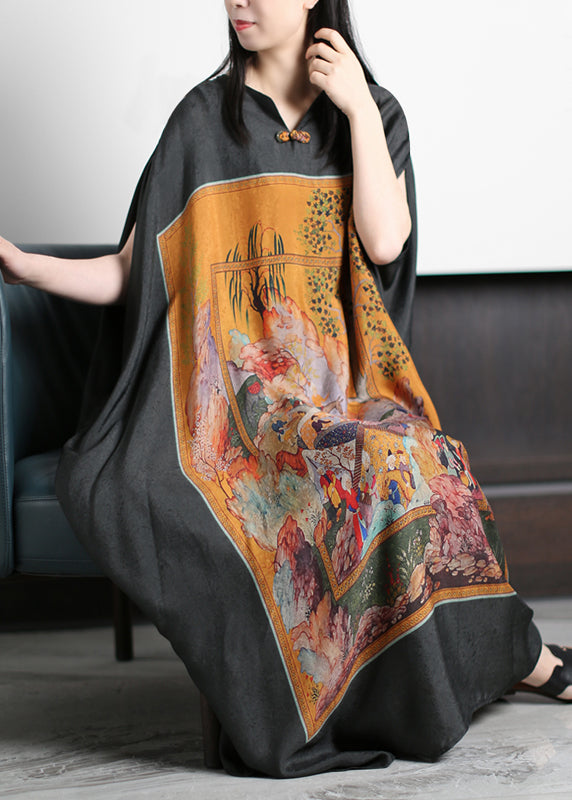 Graphic Panel Print Frog Button Batwing Sleeve Kaftan Maxi Dress - View 3