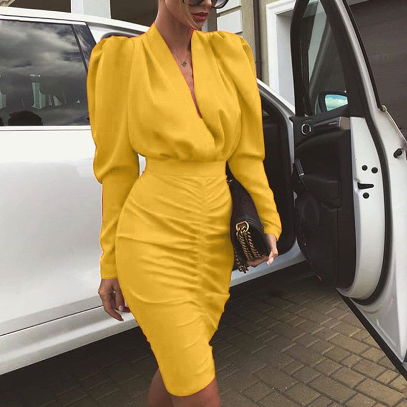 Deep V-Neck Puff Shoulder Long Sleeve Ruched Wrap Waist Midi Dress - View 3