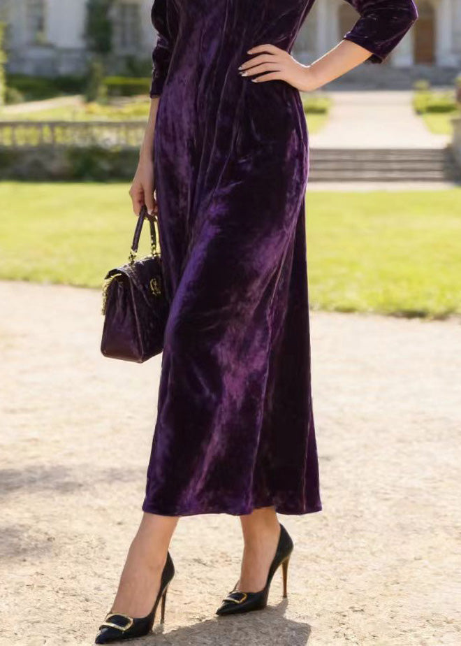 Velvet V-Neck Three Quarter Sleeve Relaxed A-Line Maxi Dress - View 4