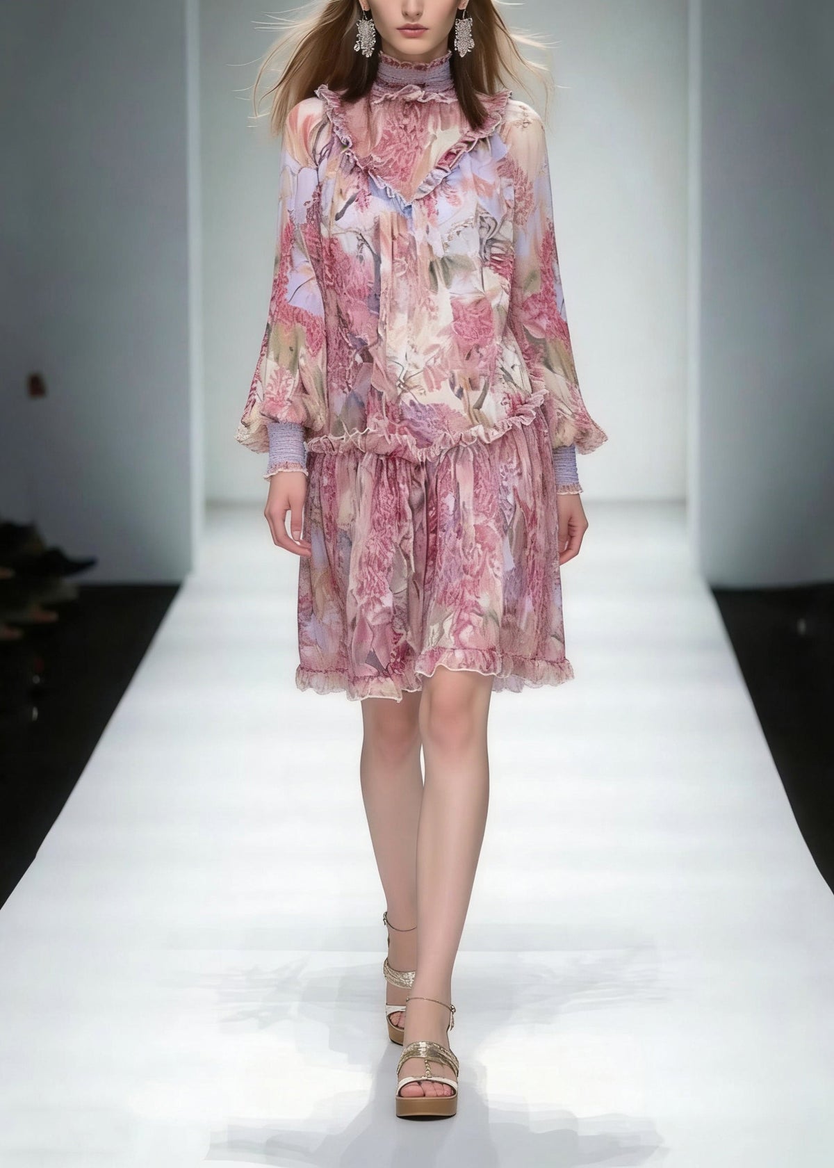 Fashion Red Stand Collar Ruffled Print Chiffon Dress Long Sleeve - View 3