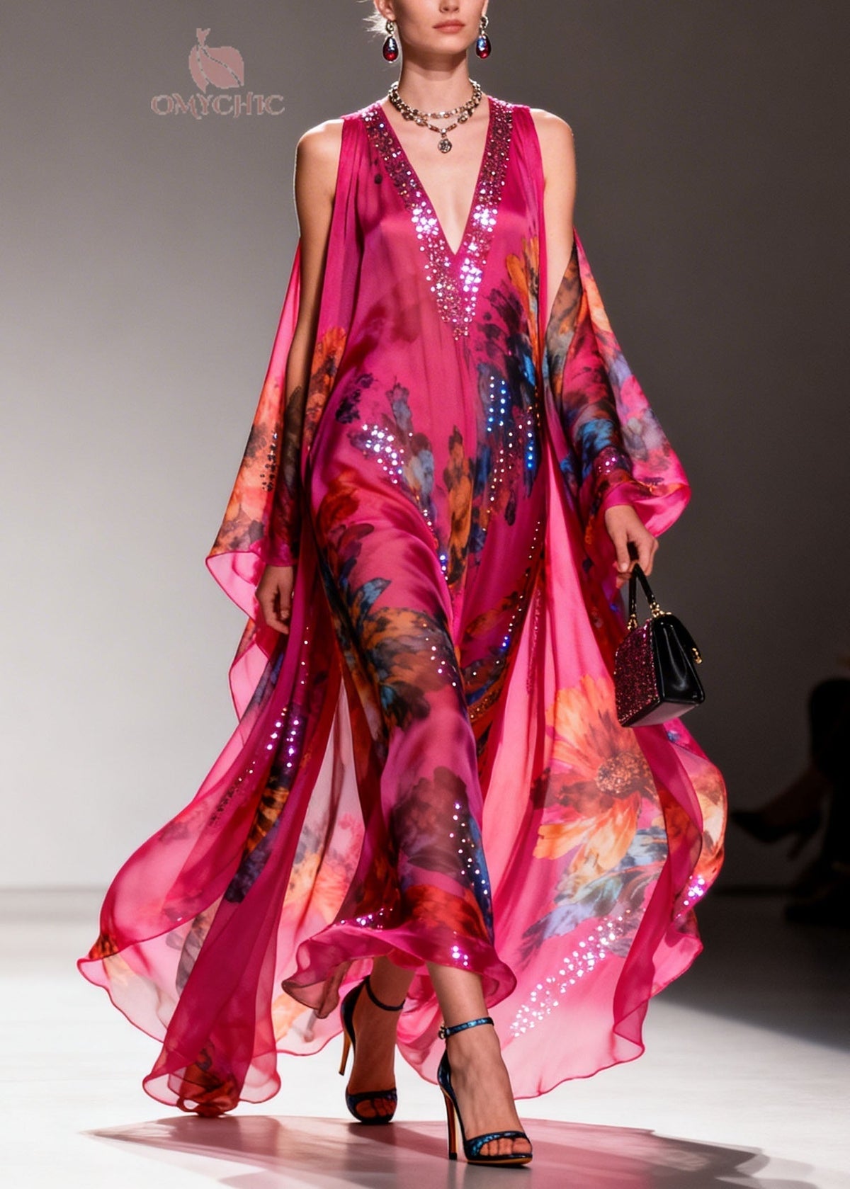 Floral Print Sequin Trim Deep V-Neck Sheer Cape Overlay Maxi Gown