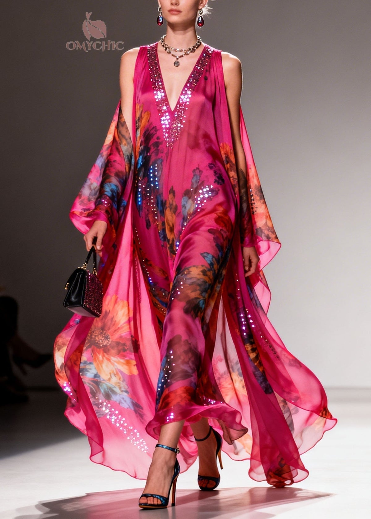 Floral Print Sequin Trim Deep V-Neck Sheer Cape Overlay Maxi Gown - View 3