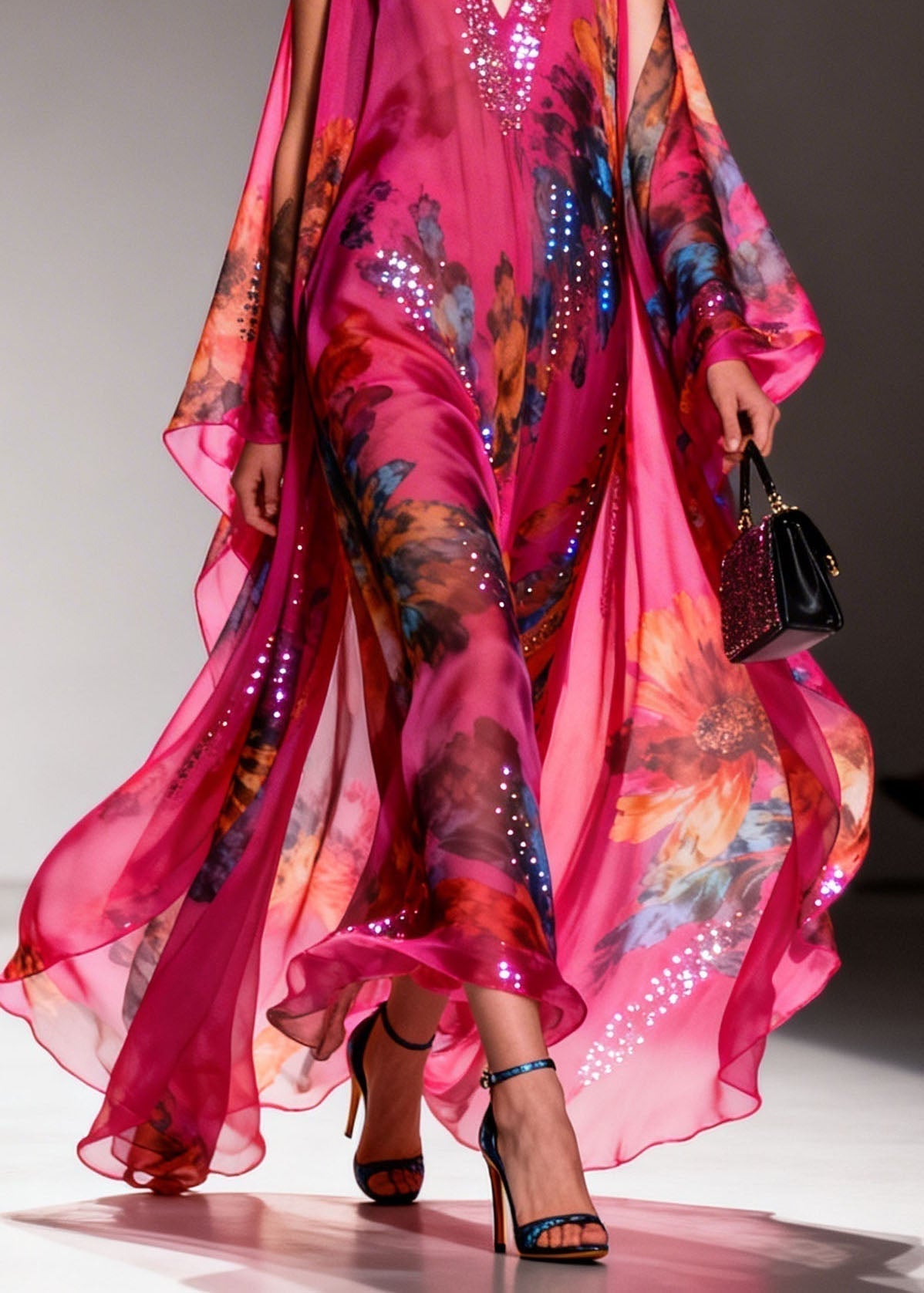 Floral Print Sequin Trim Deep V-Neck Sheer Cape Overlay Maxi Gown - View 4