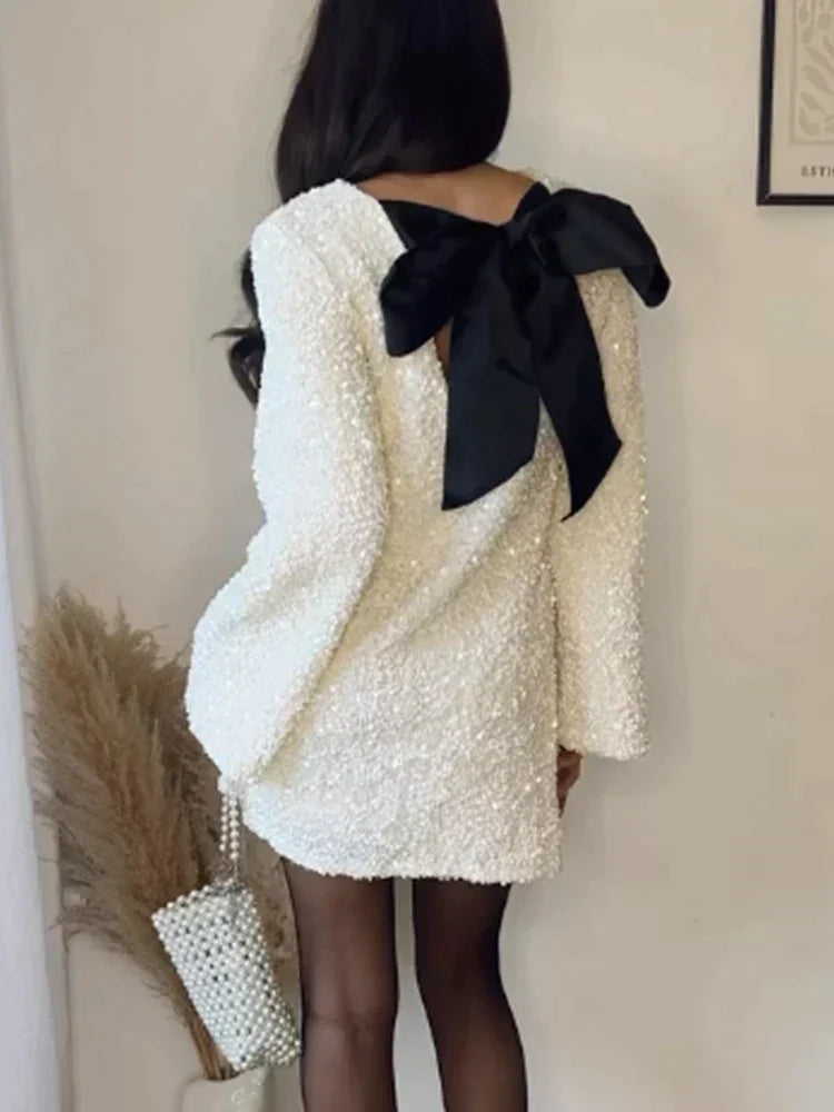 Sequin Crew Neck Long Sleeve Shift Mini Party Dress - View 5