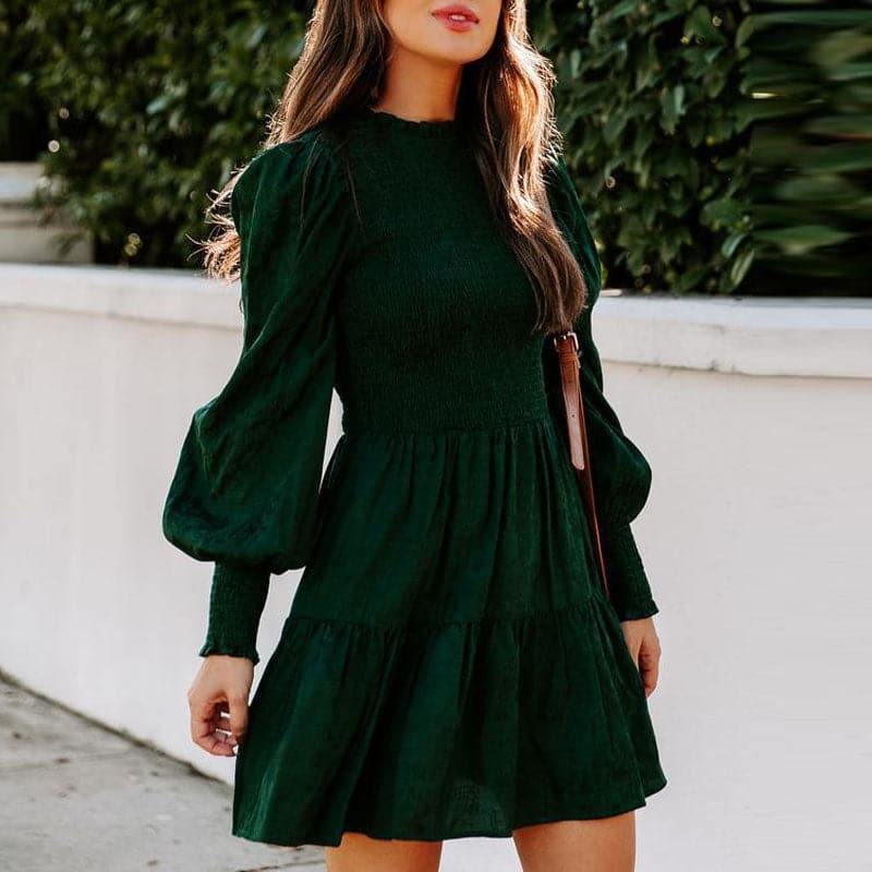 Smocked Mock Neck Puff Sleeve Tiered Ruffle Fit and Flare Mini Dress - View 3
