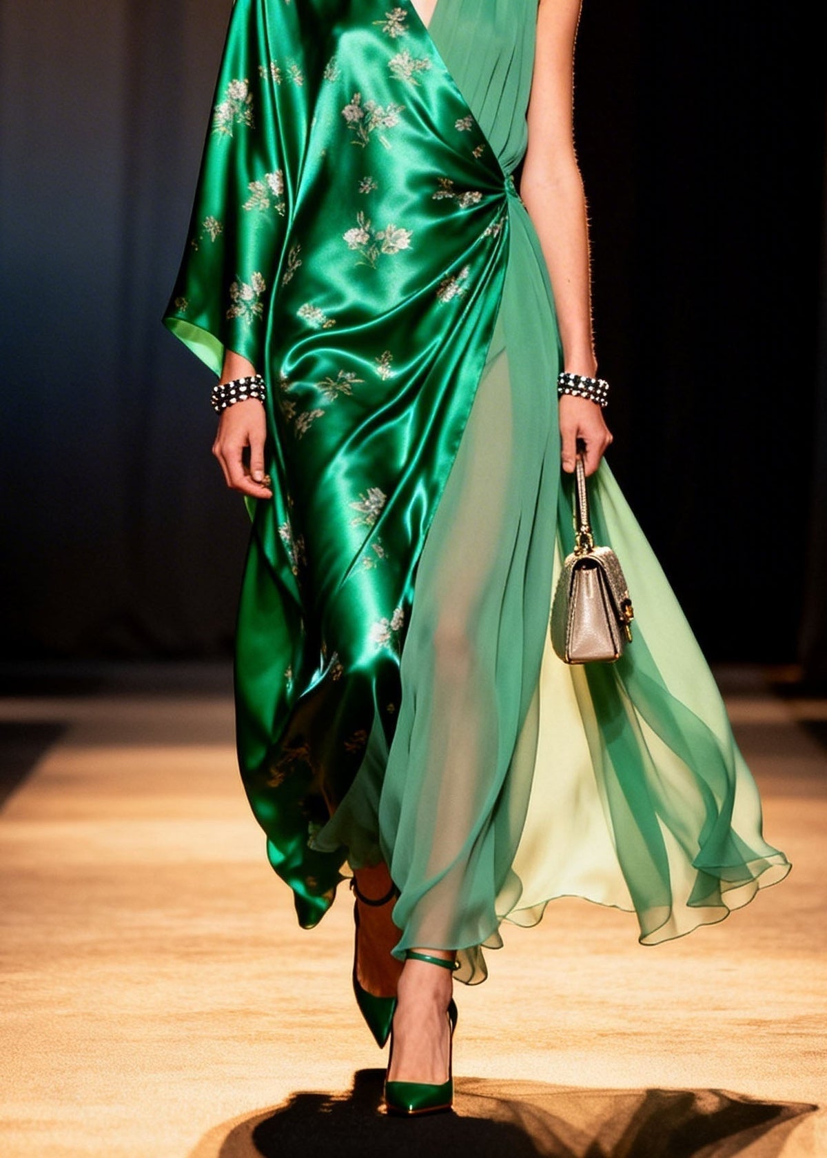 Floral Embroidery Asymmetrical Wrap V-Neck Sleeve Maxi Gown - View 4