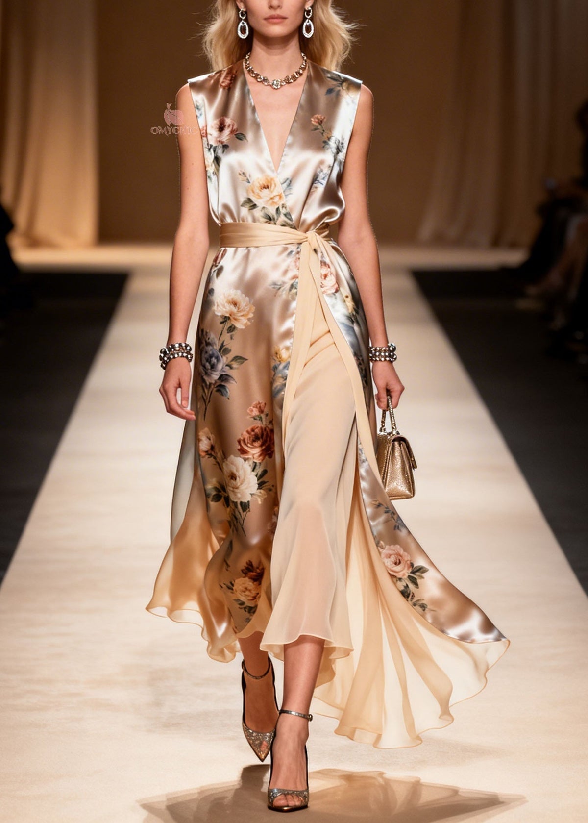 Satin Floral Print Wrap V-Neck Belted High Split Maxi Dress - View 5