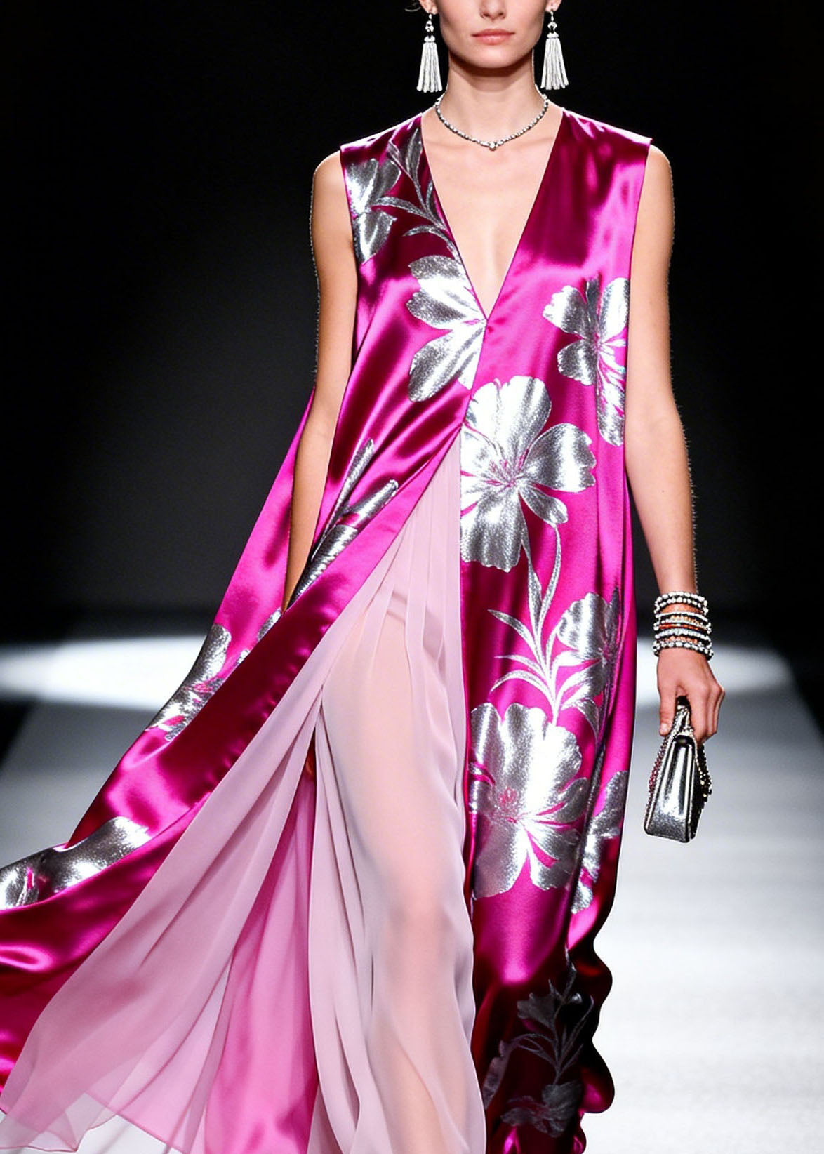 Satin Floral Print Deep V-Neck High Split Pleated Overlay Maxi Gown - View 2